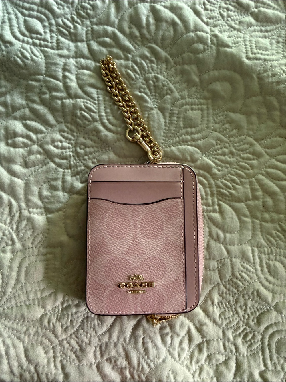 Coach Blush Pink Leather Card Holder with Gold Chain